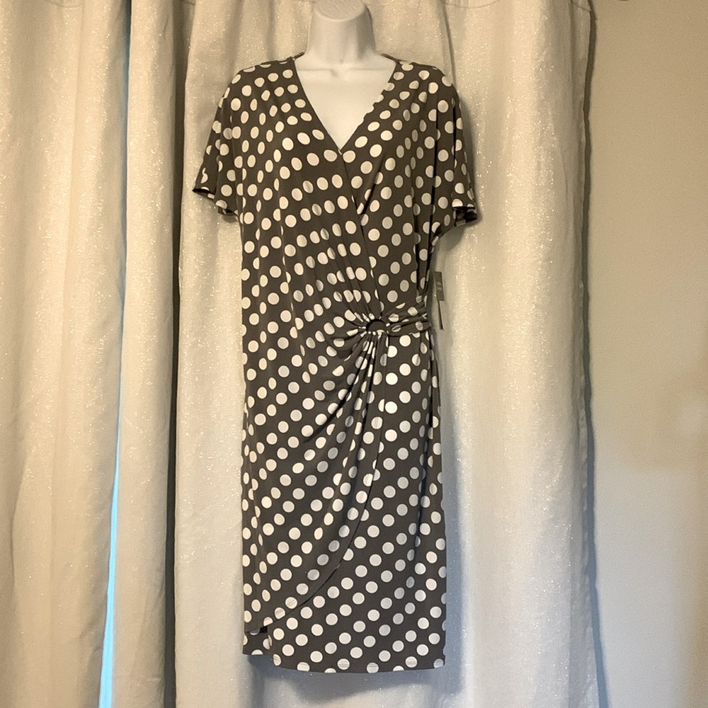 Robbie Bee Taupe and White Polka Dot Wrap Midi Dress